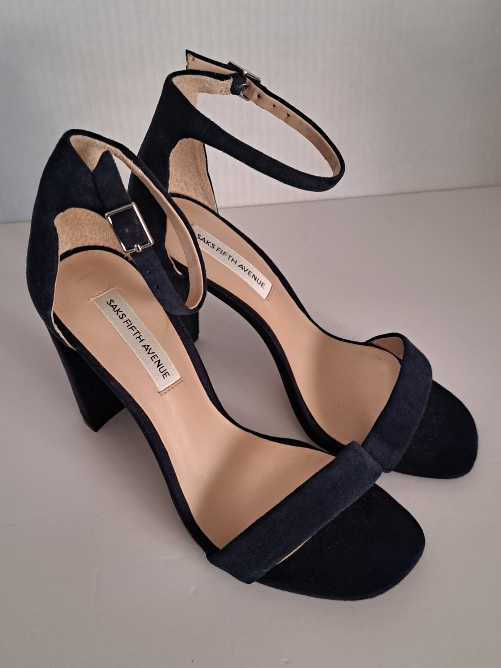Saks Fifth Avenue Navy Suede Ankle-Strap Block Heels